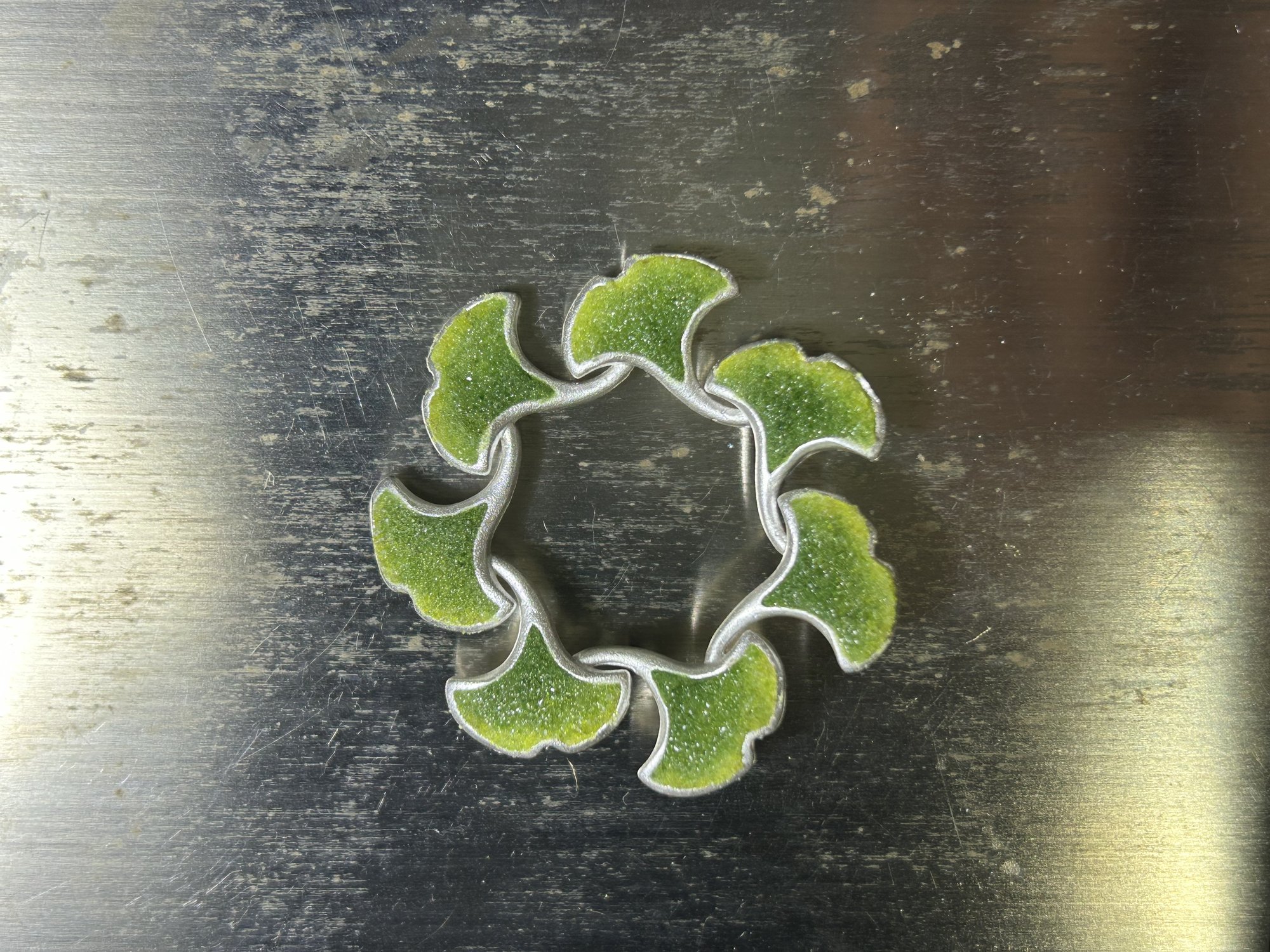 A green plique-à-jour ginkgo wreath — translucent enamel by Master Enameller Hu Yan